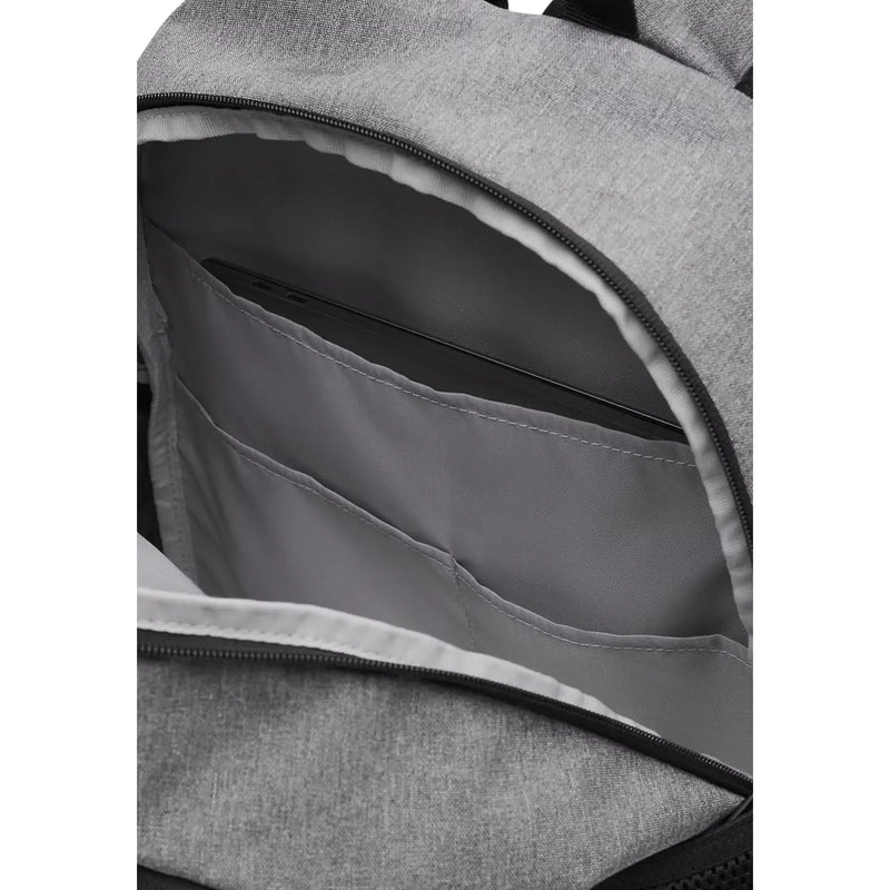 Under Armour Sac à dos pour ordinateur portable Hustle Sport 6.0 pour homme, en tissu gris chiné, avec fermeture éclair noire et doublure intérieure.