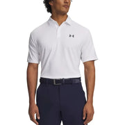 Under armour Polo homme blanc en polyester à manches courtes, en tissu légèrement texturé, avec logo noir sur la poitrine gauche