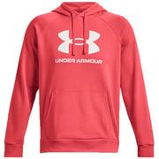 A vibrant coral-red under armour men sweatshirt with bold white logo and matching drawstrings for fall winter collection