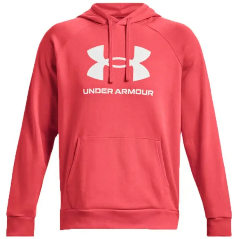 A vibrant coral-red under armour men sweatshirt with bold white logo and matching drawstrings for fall winter collection