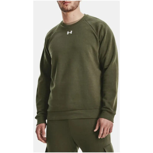 Olive green under armour men crewneck sweatshirt with white chest logo in soft blend for fall winter wear
