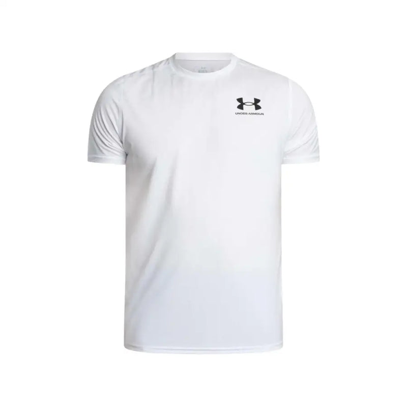 Under Armour T-shirt homme blanc en polyester à manches courtes avec logo noir sur la poitrine, idéal pour le sport