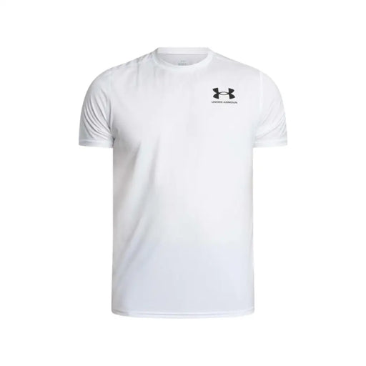 Under Armour T-shirt homme blanc en polyester à manches courtes avec logo noir sur la poitrine, idéal pour le sport