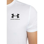 Under Armour T-shirt homme blanc en polyester à manches courtes avec logo noir sur la poitrine, idéal pour la performance.