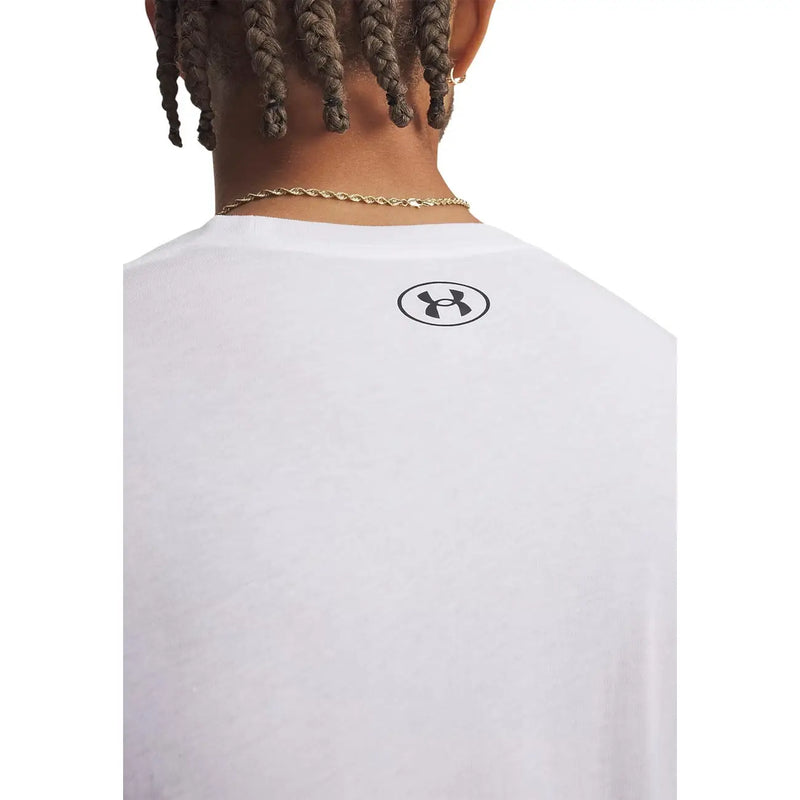 Under armour T-shirt blanc à manches longues en coton pour homme, dos visible avec logo noir