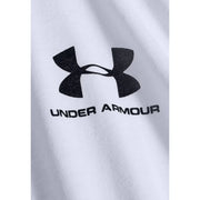 Under armour Chemise classique à manches longues en coton blanc pour homme, avec logo noir et nom de la marque imprimés sur le devant.