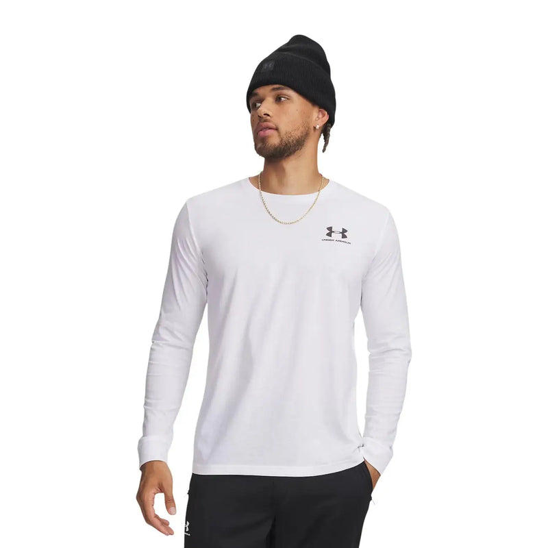 Under Armour T-shirt technique classique à manches longues en coton blanc pour homme, avec logo noir discret sur la poitrine.