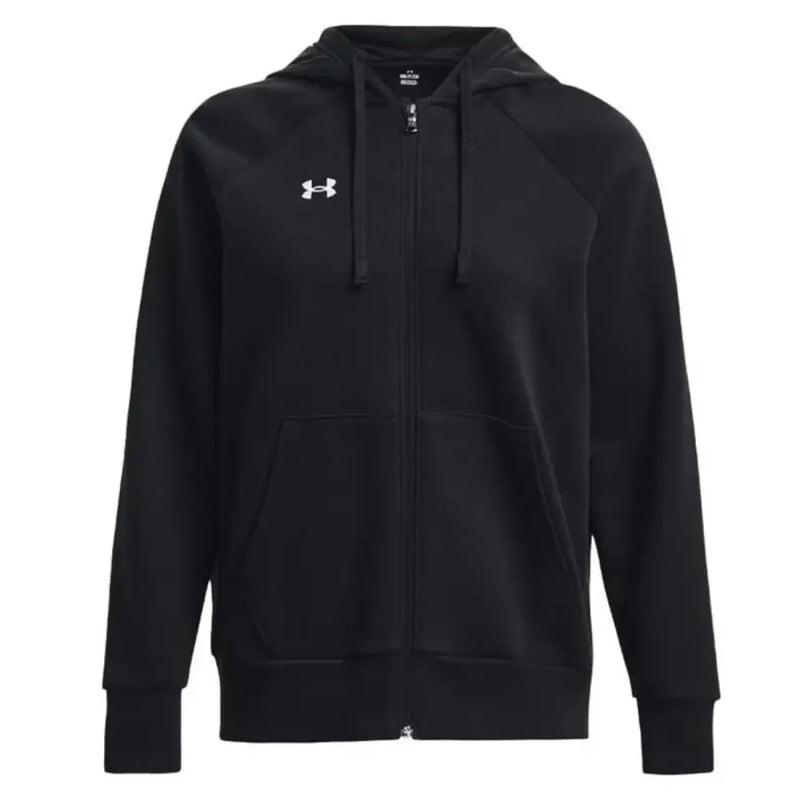 Under armour women’s black zip-up hoodie with white logo, drawstrings, and front pockets for casual wear
