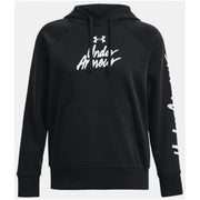 Under Armour women’s black hooded sweatshirt in premium cotton with white script logo and matching drawstrings