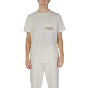 Off-white cotton underclub men short sleeve round neck t shirt with subtle dark brown embroidered pocket on left chest