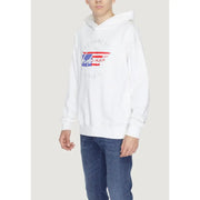 Underclub men’s white 100 percent cotton hooded sweatshirt with american flag graphic and brooklyn indie text in red white and blue