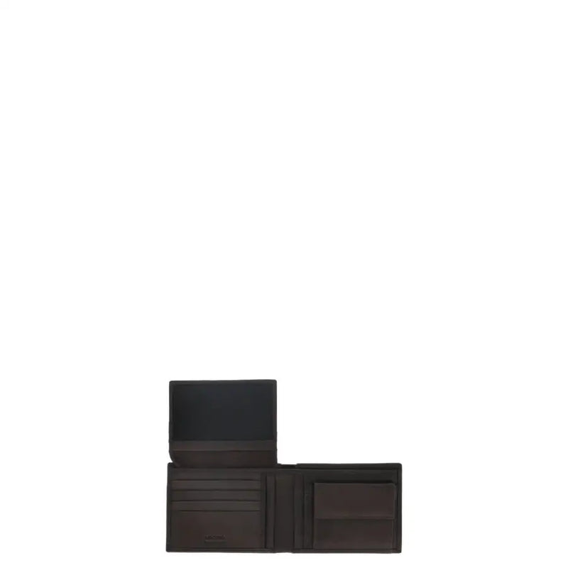 Open dark brown leather Ungaro Mens Wallet with multiple card slots and compartments