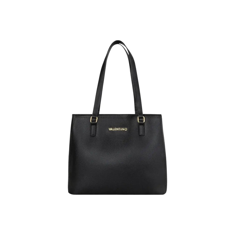 Black Valentino tote bag with textured synthetic leather finish and gold-tone hardware for women shoulder use