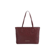 A burgundy synthetic leather Valentino tote bag with embossed logo pattern and minimalist brand plaque