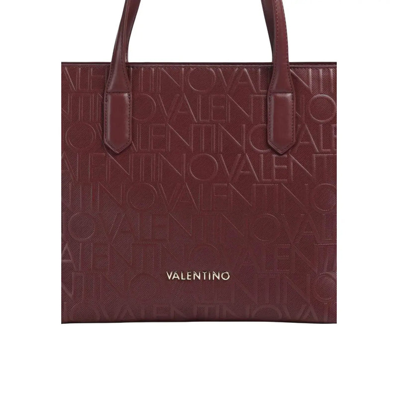 Burgundy synthetic leather valentino tote bag with embossed logo pattern and gold-tone brand plaque 35x28cm