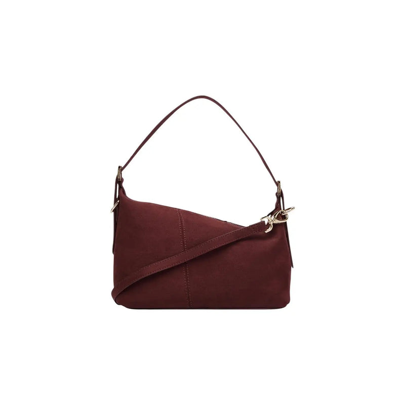 Valentino bags women bordeaux suede shoulder bag 26cm with curved top handle and adjustable strap accented by gold hardware