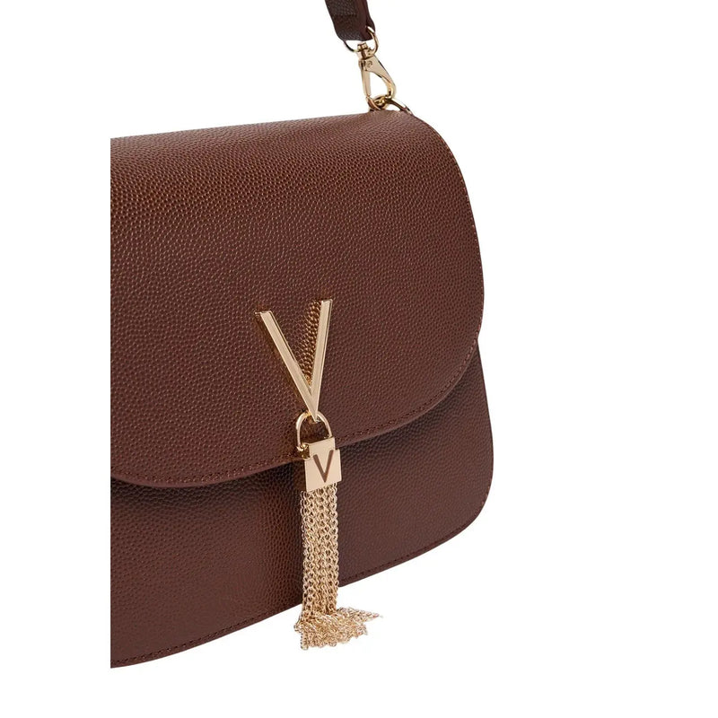 Valentino bags women brown textured leather crossbody bag with gold-tone V-shaped clasp and chain tassel detail