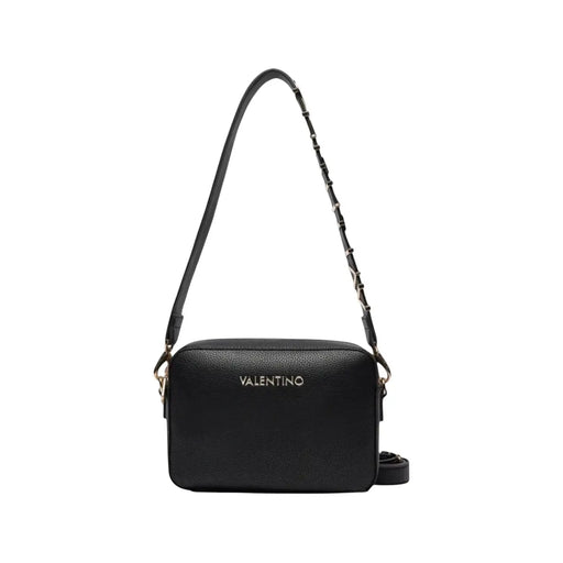 Sac appareil photo Valentino noir en cuir polyuréthane texturé avec bandoulière chaîne cousue, largeur 23 cm