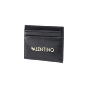 Porte-cartes Valentino en cuir noir avec logo doré et surface texturée, issu de la collection de sacs et portefeuilles Valentino pour femmes, largeur 10,5 pouces.