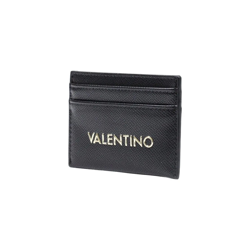 Porte-cartes Valentino en cuir noir avec logo doré et surface texturée, issu de la collection de sacs et portefeuilles Valentino pour femmes, largeur 10,5 pouces.