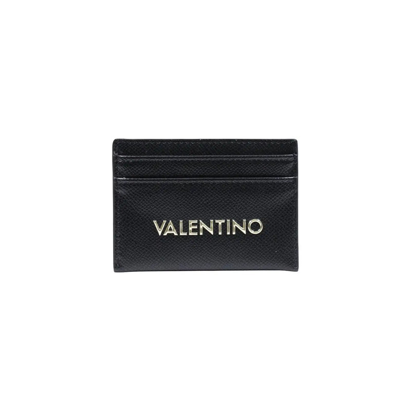 Porte-cartes Valentino en cuir noir avec logo argenté et poches latérales, format W10,5, pour portefeuilles femme.