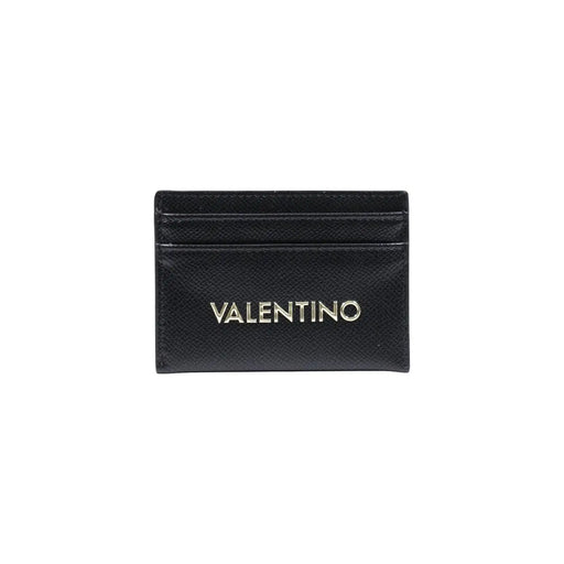 Porte-cartes Valentino en cuir noir avec logo argenté et poches latérales, format W10,5, pour portefeuilles femme.