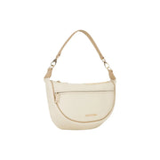 Valentino beige handbag with shoulder strap and pockets featuring a cream-colored sleek curved design and tan leather strap