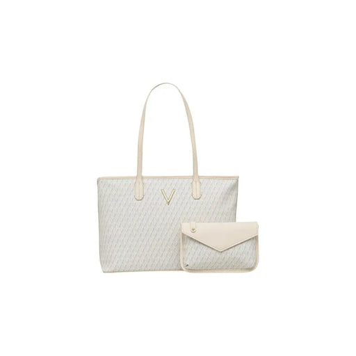 Valentino beige polyurethane handbag with cream-colored woven tote and matching envelope clutch with gold accents