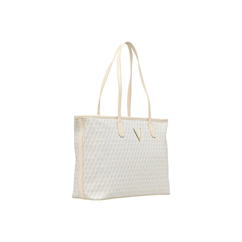 Cream-colored woven Valentino beige polyurethane tote bag with subtle texture and matching handles featuring an inner pouch