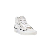 White high-top sneaker with metallic accents and zipper details.