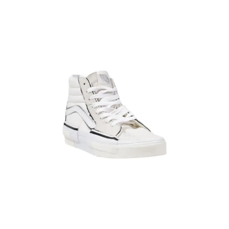 White high-top sneaker with metallic accents and zipper details.