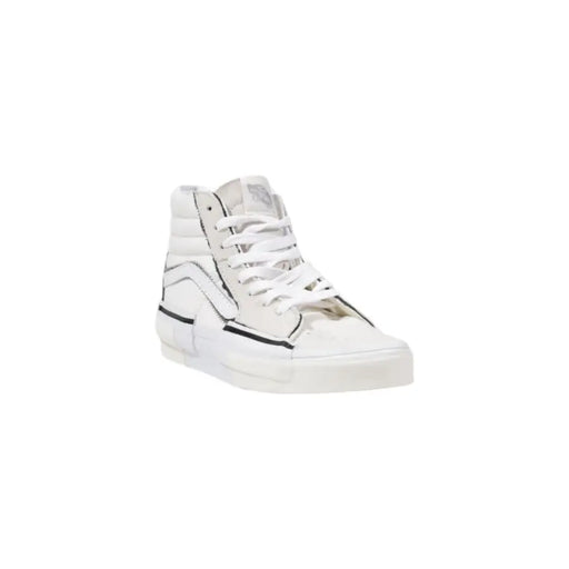 White high-top sneaker with metallic accents and zipper details.