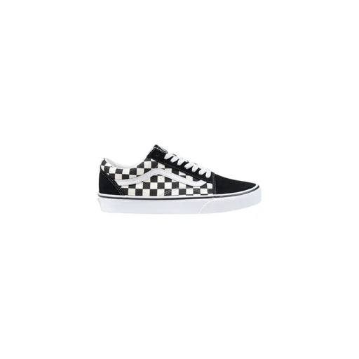Black and white checkered vans old skool sneakers with classic canvas material.