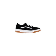 Black and white vans skate shoe with gum sole.