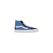 Blue and black high-top vans sneaker with white sole.