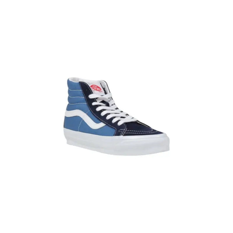 Blue and black high-top vans sneaker with white sole, classic design.