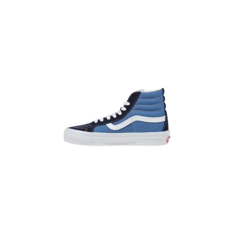Blue and black high-top vans sneaker with white sole