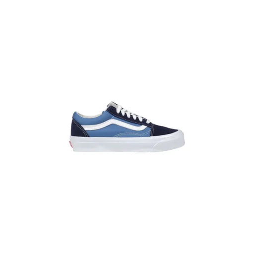 Blue and white vans old skool sneaker with classic design.