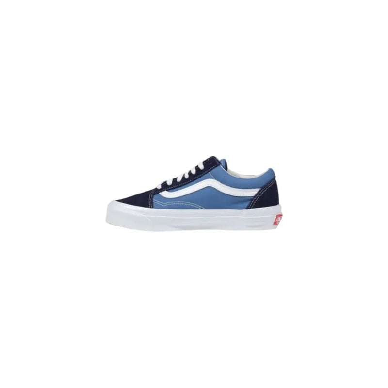 Blue and navy vans old skool sneakers with white soles.