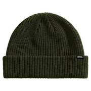 Bonnet Vans vert olive en maille côtelée pour homme, avec revers et étiquette logo noire (vue de côté)