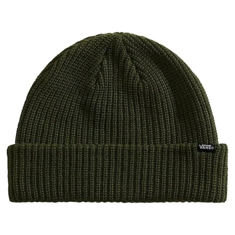 Bonnet Vans vert olive en maille côtelée pour homme, avec revers et étiquette logo noire (vue de côté)