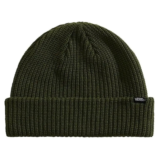 Bonnet Vans vert olive en maille côtelée pour homme, avec revers et étiquette logo noire (vue de côté)