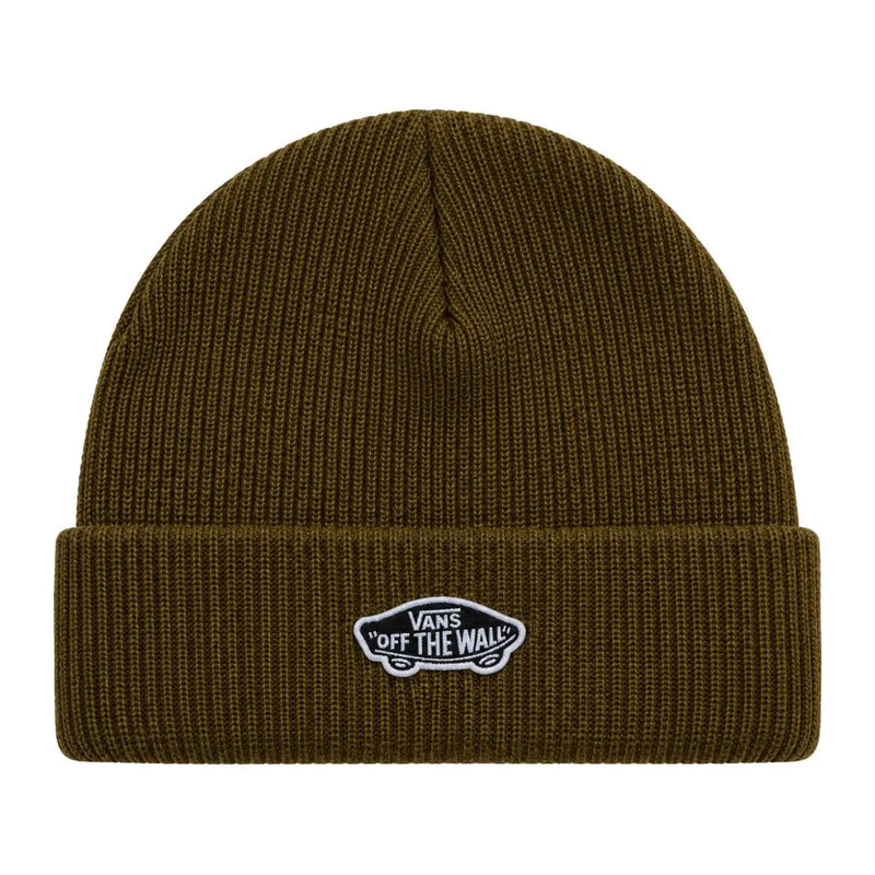Bonnet Vans pour homme en maille côtelée vert olive avec logo Off-The-Wall brodé en blanc sur le revers, vue de face