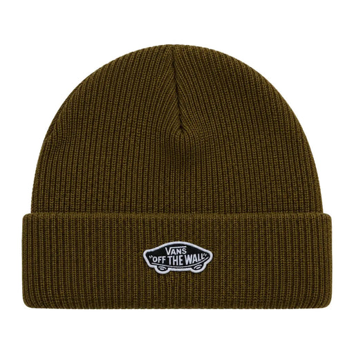 Bonnet Vans pour homme en maille côtelée vert olive avec logo Off-The-Wall brodé en blanc sur le revers, vue de face
