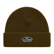 Bonnet Vans pour homme en maille côtelée vert olive avec logo « Off the Wall » brodé en blanc sur le revers, vue de face