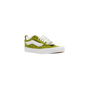 Lime green suede vans sneakers with white soles and accents.
