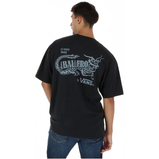T-shirt Vans noir pour homme, en coton, à manches courtes et col rond, orné d'un logo dragon argenté et de l'année de copyright.