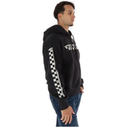 Sweat-shirt zippé Vans pour homme en coton noir, avec une bande à carreaux blancs sur la manche et un motif assorti sur la poitrine.