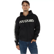 Sweat-shirt zippé Vans pour homme en coton noir, orné d'un motif à carreaux blancs audacieux sur la poitrine et les manches.