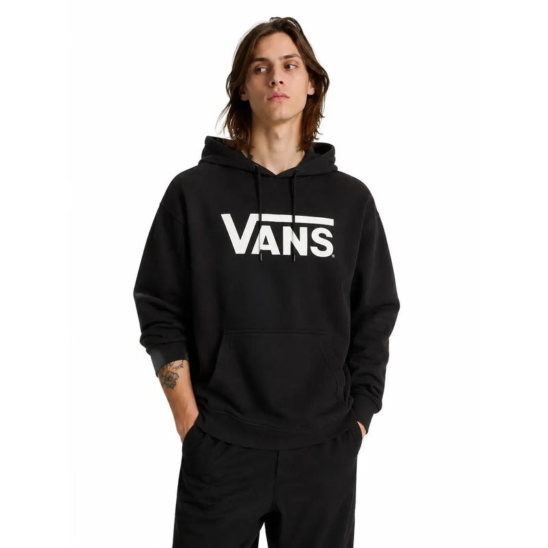 Sweat à capuche noir Vans pour homme, en molleton de coton mélangé, avec un logo blanc bien visible sur la poitrine.